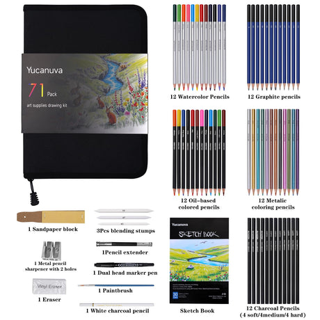 Yucanuva 71Pack Drawing Supplies Sketching Kit,Art Supplies for Adults Artists Beginners,Drawing Kit Sketching Pencils with Sketchbook, Colored Watercolor Metallic Graphite Charcoal Pencils Yucanuva