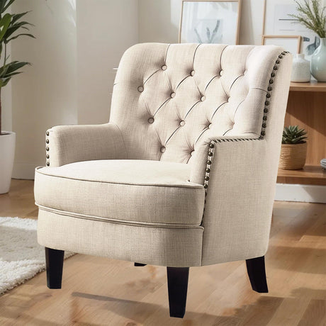 Hevaotry Velvet Upholstered Wingback Chair, 34.5”H Comfy Tufted Button Accent Chair, American Retro Barrel Chair, Contemporary Nailhead Armchair for Living Room, Bedroom, Reception Room, Beige Hevaotry