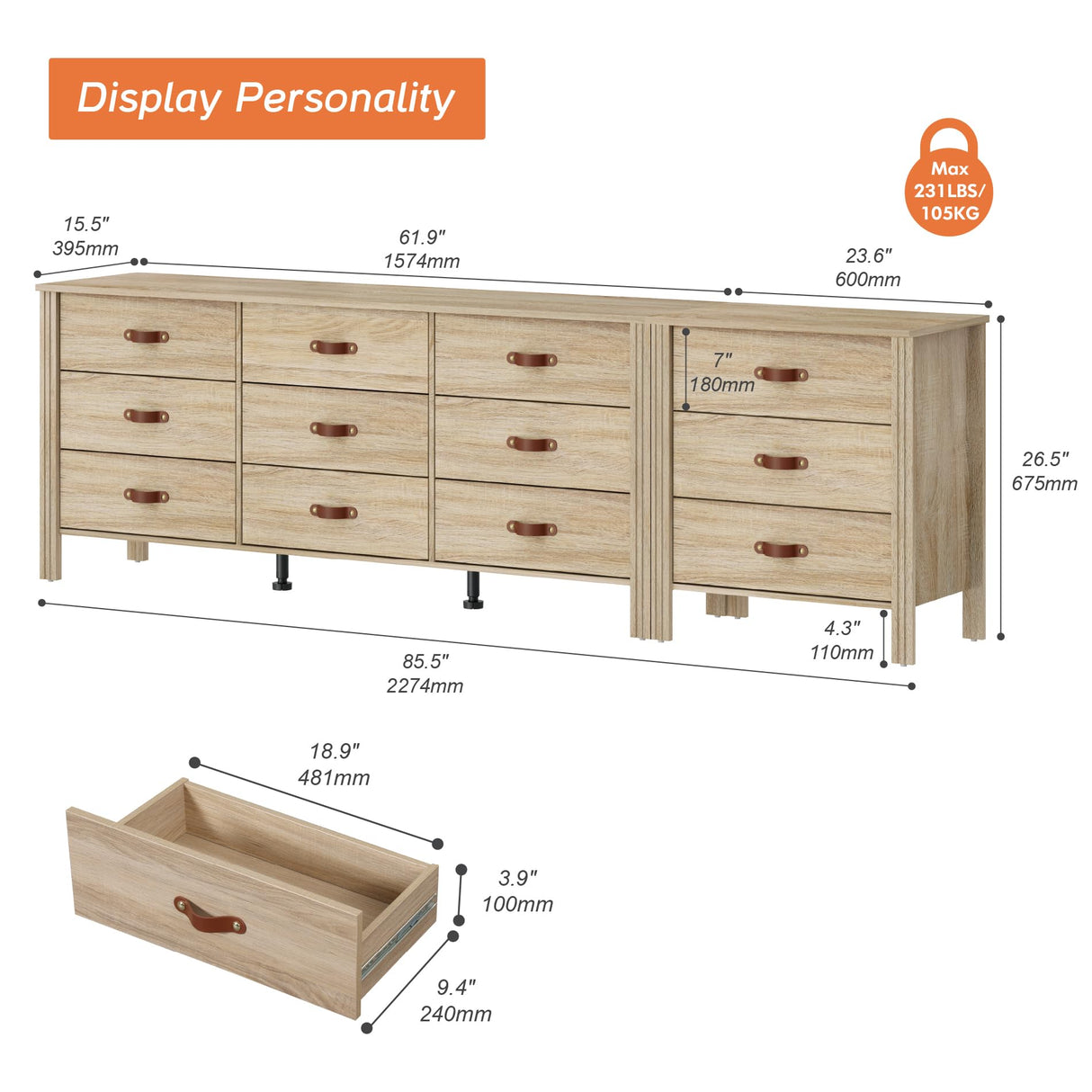 WAMPAT Dresser with 12 Drawers for Bedroom,Wooden Kids Dressers with Wide Chest of Drawers,Mid Century Modern Wooden Closet Storage Organizer,Large Wood Dressers for Living Room, Nursery,White Oak WAMPAT
