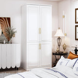 ECACAD White Wardrobe Armoire with 4 Doors, 3-Tier Shelves & Hanging Rod, Wooden Closet Storage Cabinet for Bedroom (30.2”W x 19.3”D x 74.8”H) ECACAD