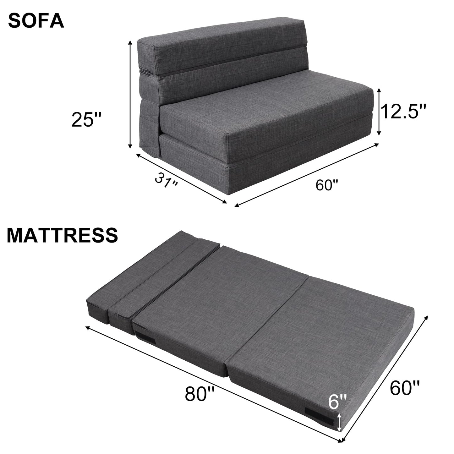 ANONER 60" Fold Sofa Bed Couch Memory Foam with 2 Pillows Futon Sleeper Chair Guest Bed and Fold Out Couch, Washable Cover Queen Size, Dark Gray