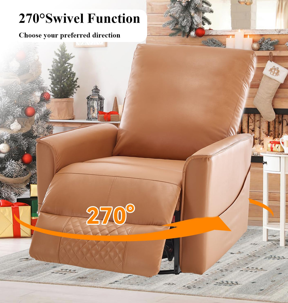 Power Swivel Recliner Chair with Massage Heat USB Port, Extra Wide Lay Flat Recliners Massaging Chair, Oversized Electric Leather Recliner Chair for Adults, Orange KCQ