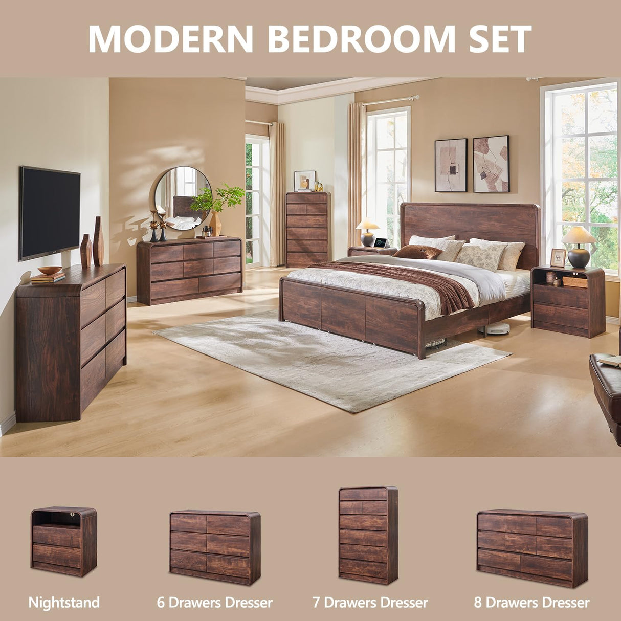 Aitjunz Modern 7 Drawers Dresser for Bedroom, 55" Tall Dressers & Chest of Drawers w/Curved Profile Design, Wood Mid Century Vertical Storage Dressers Organizer for Bedroom, Living Room, Brown Aitjunz