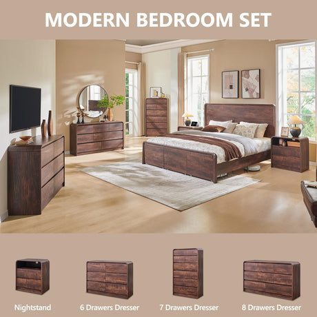 Aitjunz Modern 7 Drawers Dresser for Bedroom, 55" Tall Dressers & Chest of Drawers w/Curved Profile Design, Wood Mid Century Vertical Storage Dressers Organizer for Bedroom, Living Room, Brown Aitjunz
