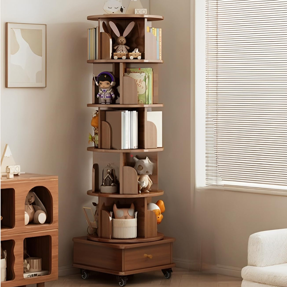 Rotating Bookshelf 6 Tier, 360° Spinning Bookshelf Tower with Lockable Wheels, Corner Shelf for Small Spaces, Kids Room, Living Room, Bedroom, Office Storage Solution, Walnut Revolving Bookcase VireoNest
