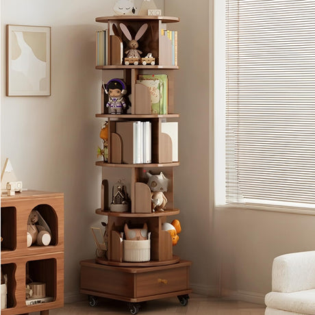 Rotating Bookshelf 6 Tier, 360° Spinning Bookshelf Tower with Lockable Wheels, Corner Shelf for Small Spaces, Kids Room, Living Room, Bedroom, Office Storage Solution, Walnut Revolving Bookcase VireoNest