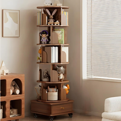 Rotating Bookshelf 6 Tier, 360° Spinning Bookshelf Tower with Lockable Wheels, Corner Shelf for Small Spaces, Kids Room, Living Room, Bedroom, Office Storage Solution, Walnut Revolving Bookcase