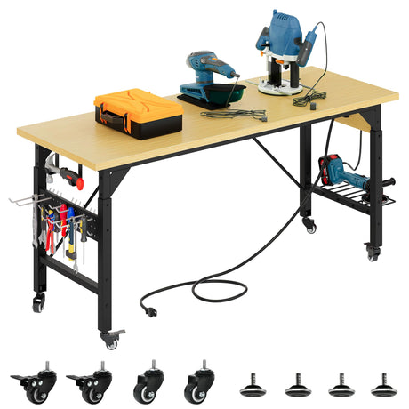 YITAHOME 60" Adjustable Workbench with Wheels, Built-in AC/USB Outlets,1600 LB Capacity Heavy-Duty Tool Work Bench for Garage, Workshop, Office, or Outdoor Work Table YITAHOME