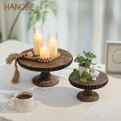 Hanobe Round Wood Cake Stand: Cupcake Pedestal Stand 12 inch Dessert Display Riser Distressed Rustic Cakes Holder Tray Vintage Beads Wooden Plate for Wedding Birthday Decor Hanobe