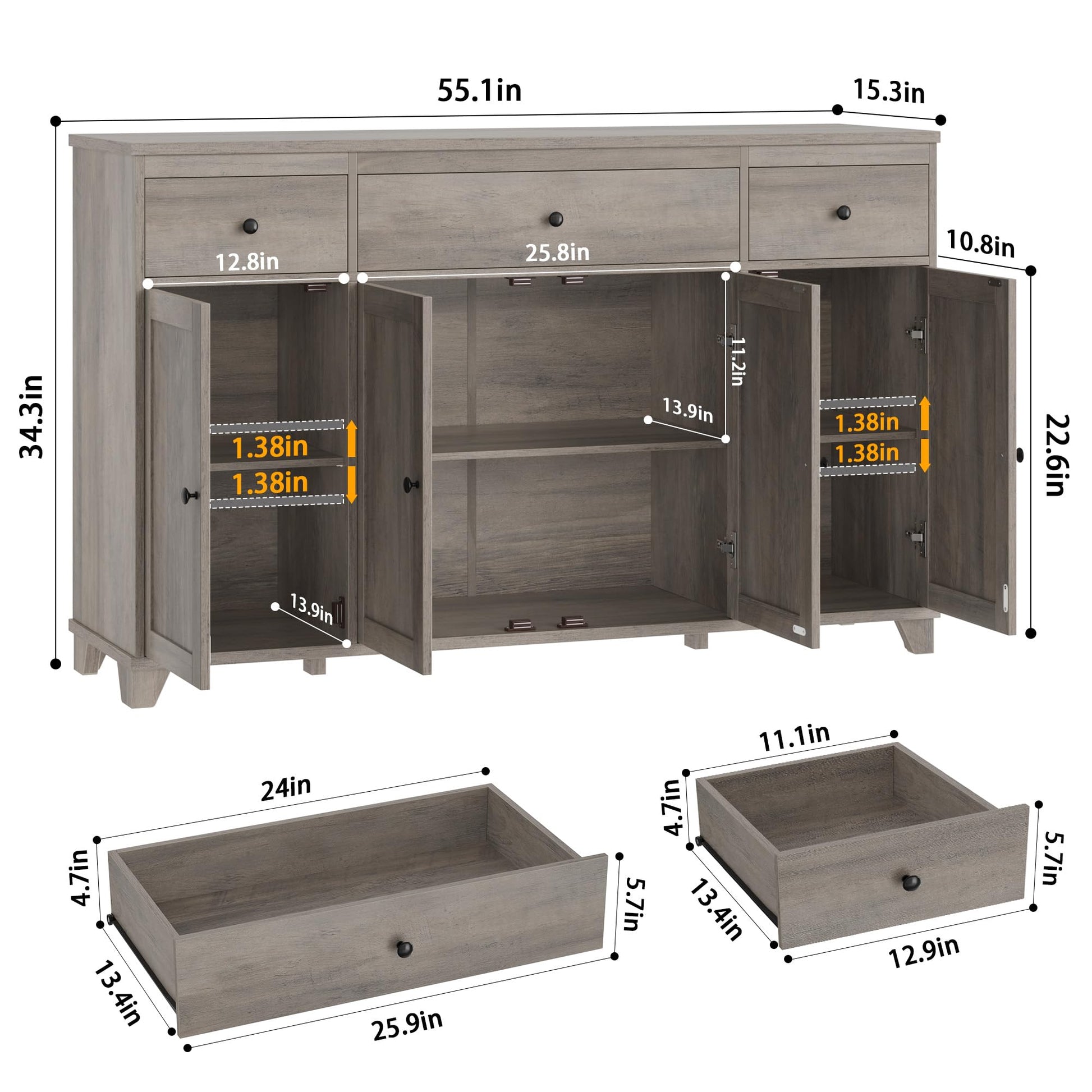 HIFIT 55" Large Kitchen Buffet Cabinet with Storage Drawers, Farmhouse Sideboard Buffet Table Storage Cabinet with Doors and Shelves, Wood Coffee Bar Cabinet for Kitchen Dining Living Room, A - WoodArtSupply