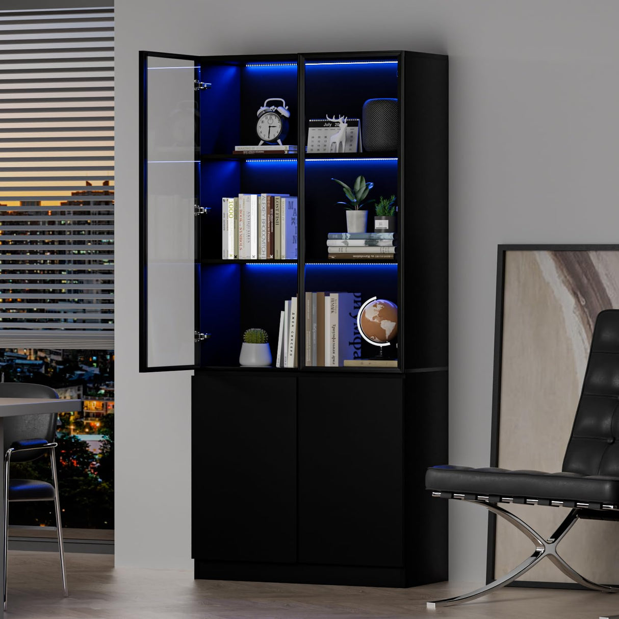 MAISONARIA Display Cabinet with Glass Doors & Lights, Curio Cabinet with 2 Shelves, Glass Display Cabinet for Living Room, Home Office, Bedroom, Black MAISONARIA