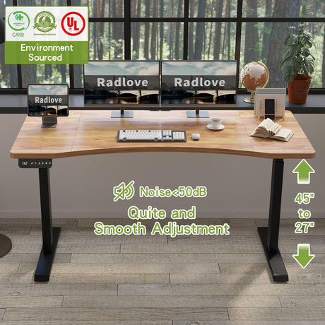 Radlove Dual Motors Height Adjustable 63 x 30 Electric Standing Desk with Curved Design Stand Up Table 4 Memory Keys, Computer Desk with Splice Board Home Office Desk, Light Brown Top + Black Frame Radlove