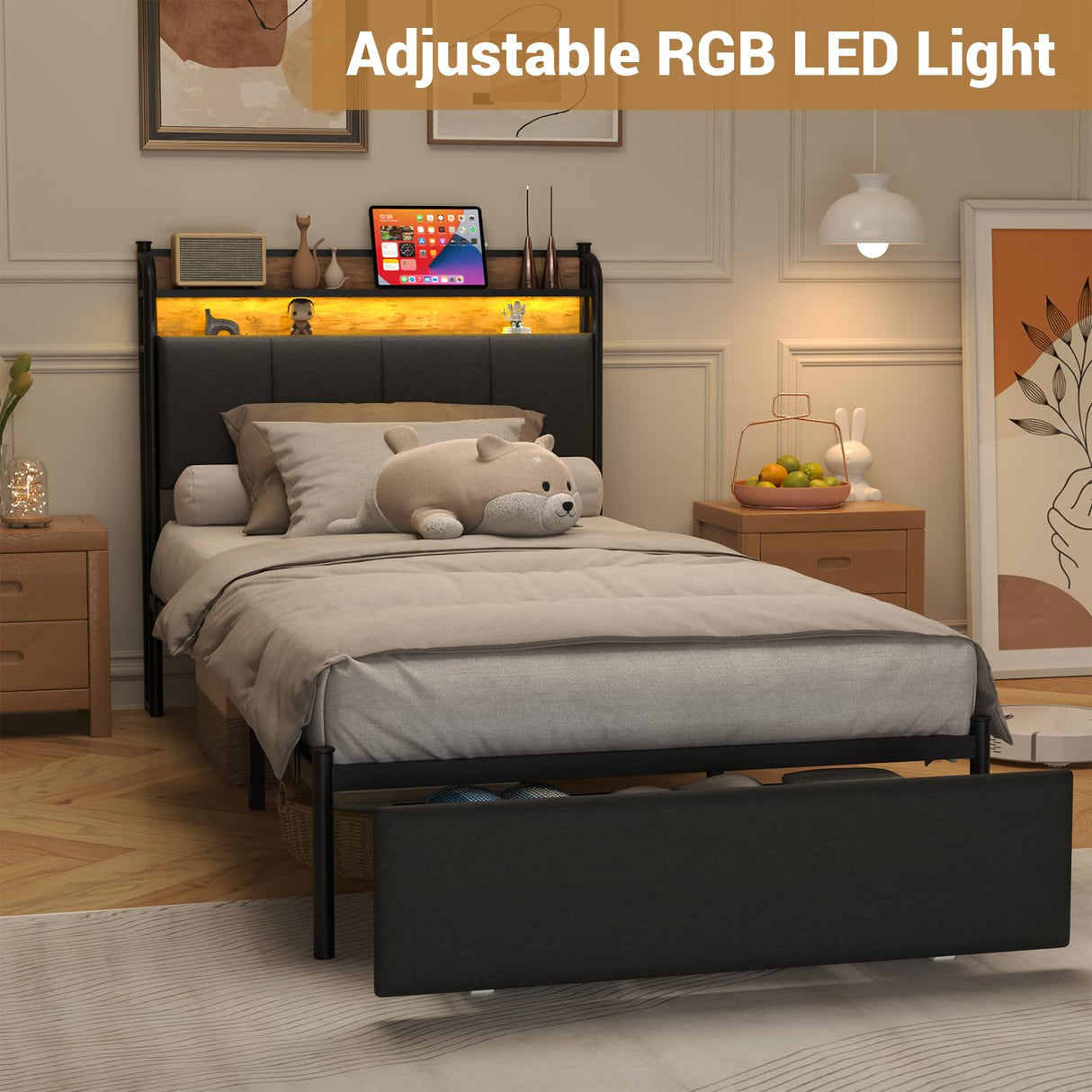 Zevemomo LED Twin Bed Frame with Charging Station, Twin Size Platform Bed with RGB LED Lights, 2 Tier Storage Headboard, Unique Heave Duty Metal Round Bar, No Box Spring Needed, Grey Zevemomo