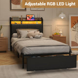 Zevemomo LED Twin Bed Frame with Charging Station, Twin Size Platform Bed with RGB LED Lights, 2 Tier Storage Headboard, Unique Heave Duty Metal Round Bar, No Box Spring Needed, Grey Zevemomo