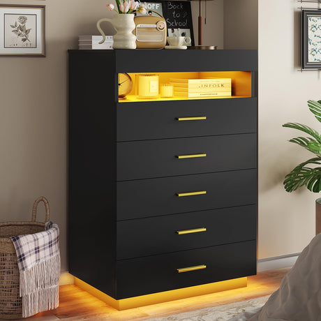 BTHFST Black Dresser with LED Lights, Floating Tall Dresser with 5 Large Drawers & Open Storage Space & Pull Out Tray, 5 Drawer Dresser Wood, Chest of Drawers for Bedroom, Living Room BTHFST