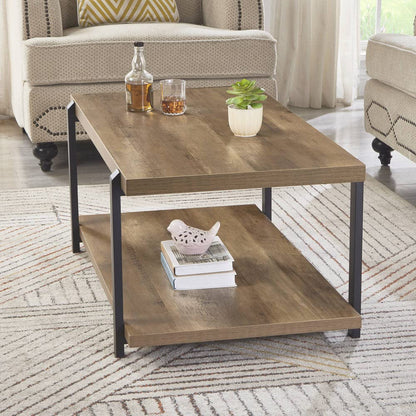 FOLUBAN Industrial Coffee Table with shelf, Wood and Metal Rustic Cocktail Table for Living Room, Oak - WoodArtSupply