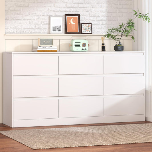 Greenvelly White Dresser for Bedroom,Modern 9 Drawer Dresser for Bedroom,Wooden Dresser with Deep Drawers for Bedroom,Long Drawer Chest for Bedroom,Living Room,Hallway,Chest of Drawers