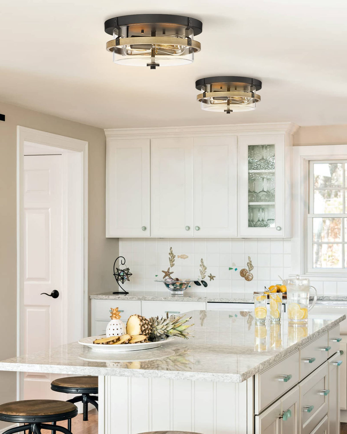 EAPUDUN Farmhouse Ceiling Light, Wooden Flush Mount Ceiling Light Fixtures with Clear Glass Shade, Retro 2-Light Ceiling Lamp for Hallway Entryway Bedroom Kitchen Dining Room FMA1443-FBDT EAPUDUN