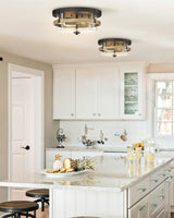 EAPUDUN Farmhouse Ceiling Light, Wooden Flush Mount Ceiling Light Fixtures with Clear Glass Shade, Retro 2-Light Ceiling Lamp for Hallway Entryway Bedroom Kitchen Dining Room FMA1443-FBDT EAPUDUN