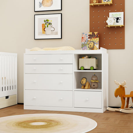 Timechee Changing Table Dresser, Baby Classic Nursery Dresser with 5 Drawers and 2 Shelves, Multi-Functional Baby Changing Table, Diaper Changing Station for Children's Room, White Timechee