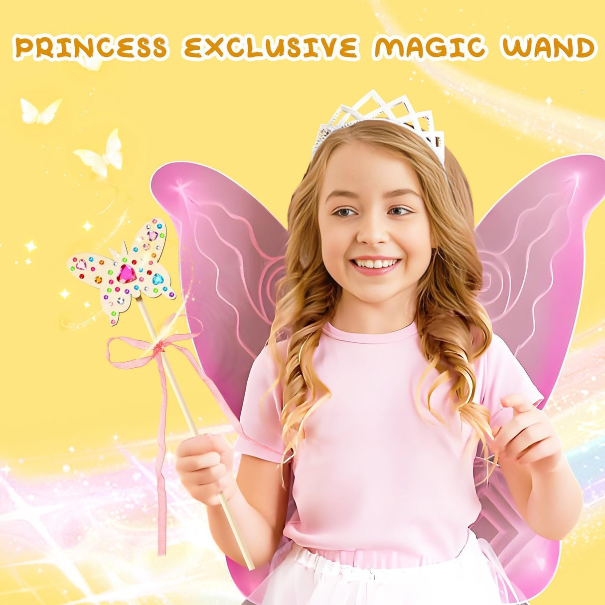 AUGSUN 43Pcs Princess Fairy Wands Kit, 20Pcs Wood Fairy Wands 20 Ribbons with 3 Sheets Gem Stickers Birthday Party Supplies Make Your Own DIY Crafts Art Magical Gifts AUGSUN