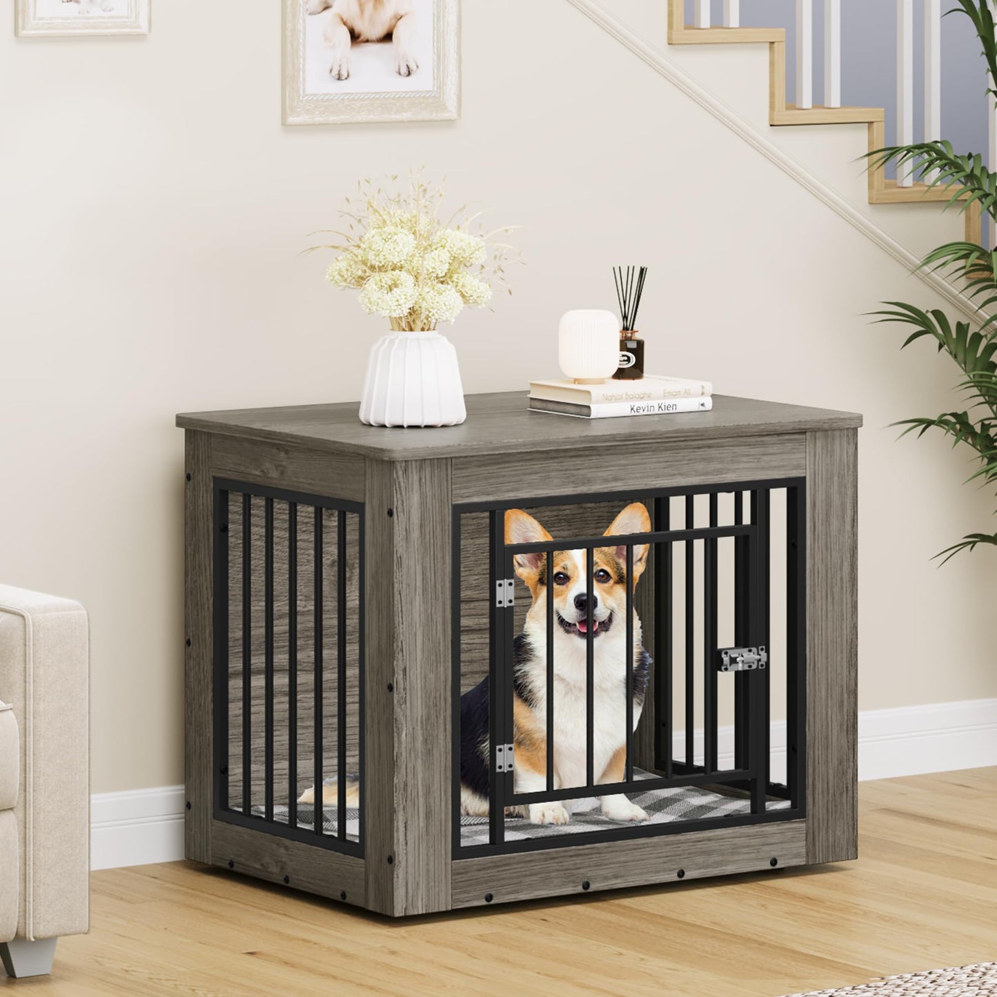 YITAHOME Dog Crate Furniture for Medium Dogs, Side End Table, Modern Dogs Kennel Indoor up to 35 lb, 2-in-1 Iron-Wood Fusion Dog Cage with Waterproof Top, Safety Corners,Steel Lock,30"L, Rustic Brown