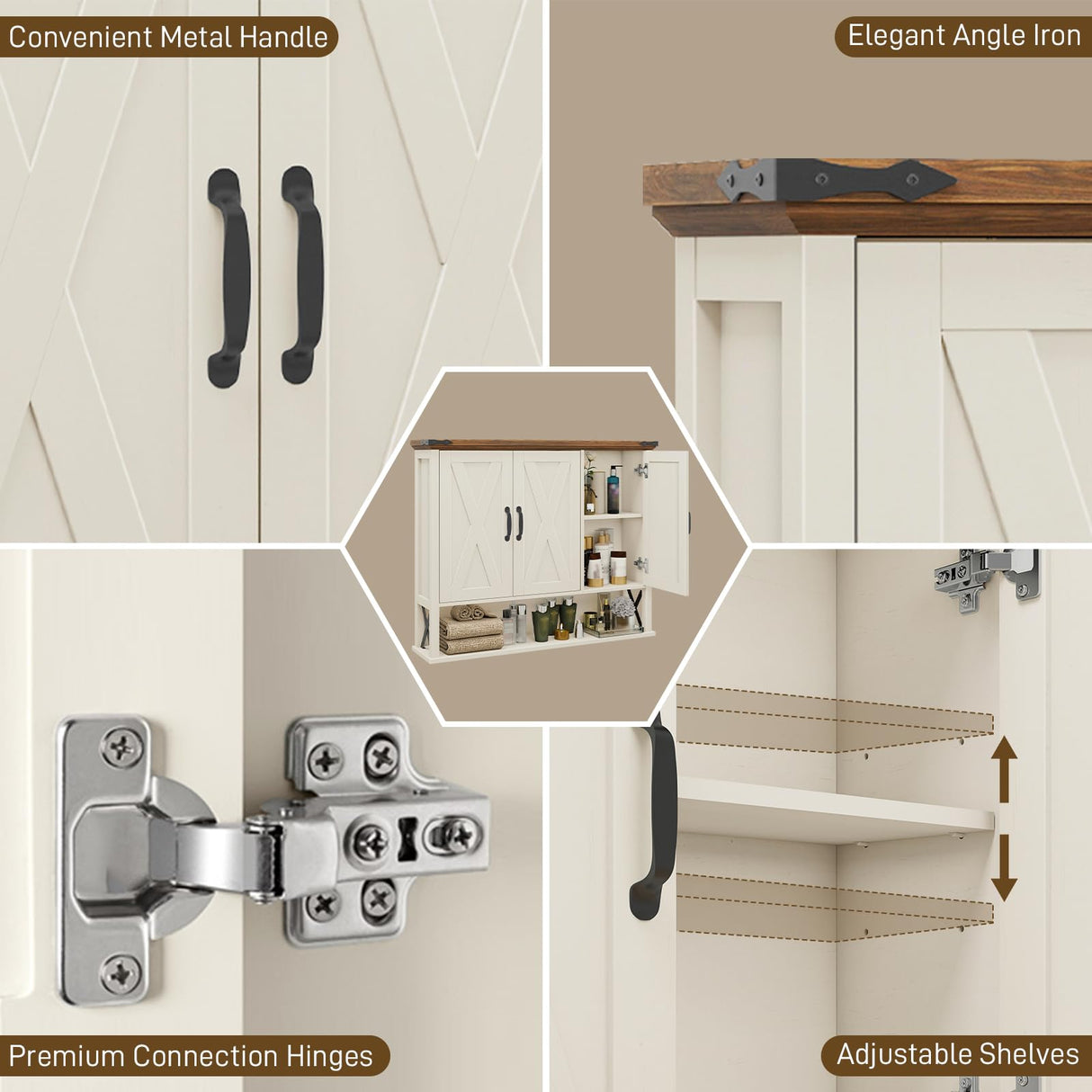 Halitaa Bathroom Wall Cabinet, Farmhouse Medicine Cabinet with Adjustable Wood Shelf & 3 Doors, Over The Toilet Storage Cabinet for Wall Mounted for Bathroom Laundry Room Kitchen, White and Brown Halitaa