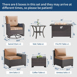 Gotland 10 Pieces Outdoor Patio Furniture Set with 2 Swivel Rocking Chairs&55,000 BTU Gas Fire Pit Table w/Glass Wind Guard Patio Conversation Sectional Sofa Sets-Khaki Gotland