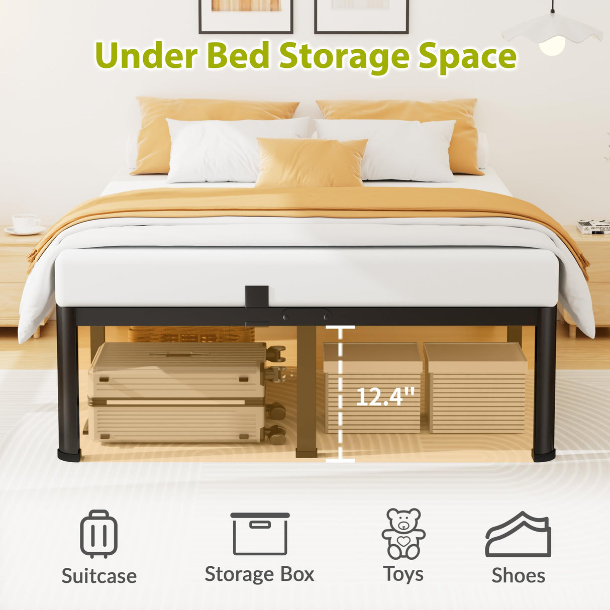 14 Inch Queen Bed Frame, Metal Platform Bed Frame with Round Corner Legs, 3500 lbs Heavy Duty Steel Slats Support, No Box Spring Needed, Noise Free, Easy Assembly, Black Superay