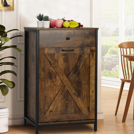 Anbuy Tilt Out Trash Can Cabinet, Kitchen Trash Cabinet with Barn Door, Pet Proof Trash Can Odor Blocking, Free Standing Wood Laundry Recycling Cabinet(Rustic Brown and Black) Anbuy