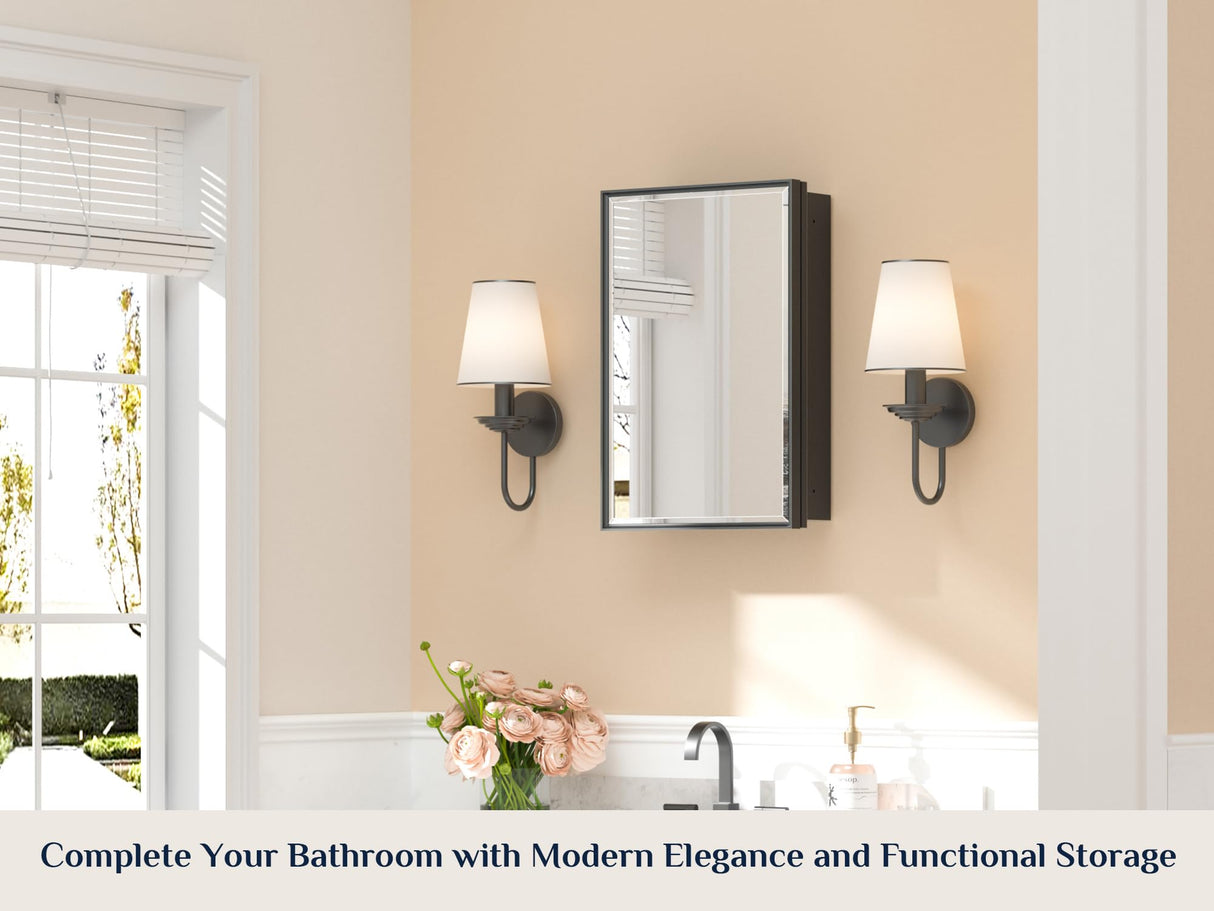 Keonjinn 16" x 24" Black Medicine Cabinets for Bathroom with Mirror Recessed or Surface Wall-Mounted Aluminum Alloy Framed Beveled Mirror, Single Door Metal Bathroom Vanity Mirror with Storage Cabinet Keonjinn