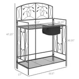 Outsunny Folding Potting Bench Table, Metal Garden Workstation, Work Bench with Large Built-in Bag with Cover, 5 Hanging Hooks & Storage Shelf, Leaf Pattern Outsunny