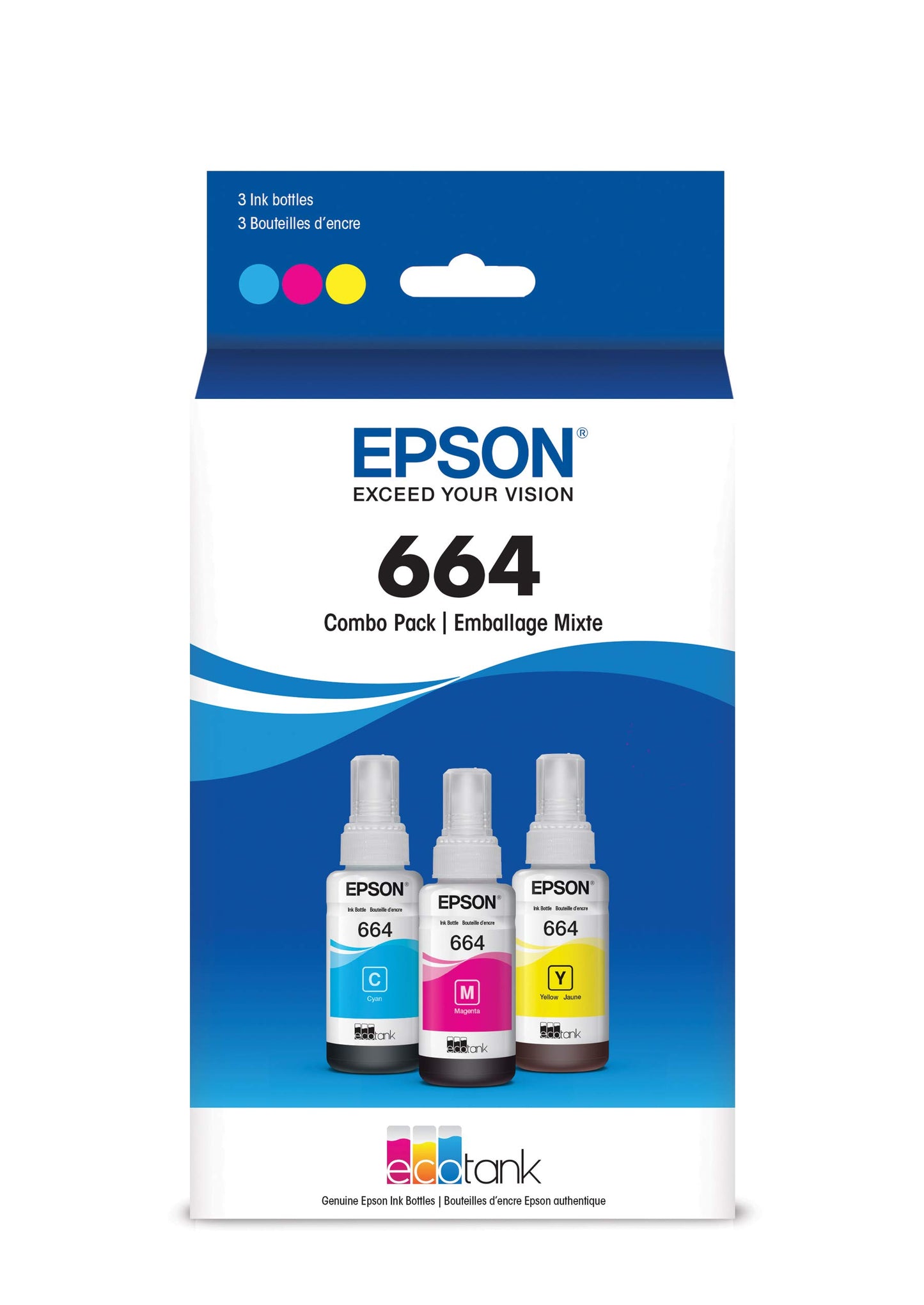 EPSON 664 EcoTank Ink Ultra-high Capacity Bottle Three Color CMY Combo Pack (T664520-S) Works with EcoTank ET-2500, ET-2550, ET-4500, ET-4550, ET-2600, ET-2650, ET-3600, ET-16500