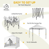 DWVO 10x10 Pop Up Heavy Duty Canopy Tent with 4 Removable Sidewall, 4 Ropes, 8 Stakes, 2 Blank Banners, 4 Sandbags & 1 Carry Bag with Wheel, Garden Gazebo Tent, Party, Exhibition, Commerce, White DWVO
