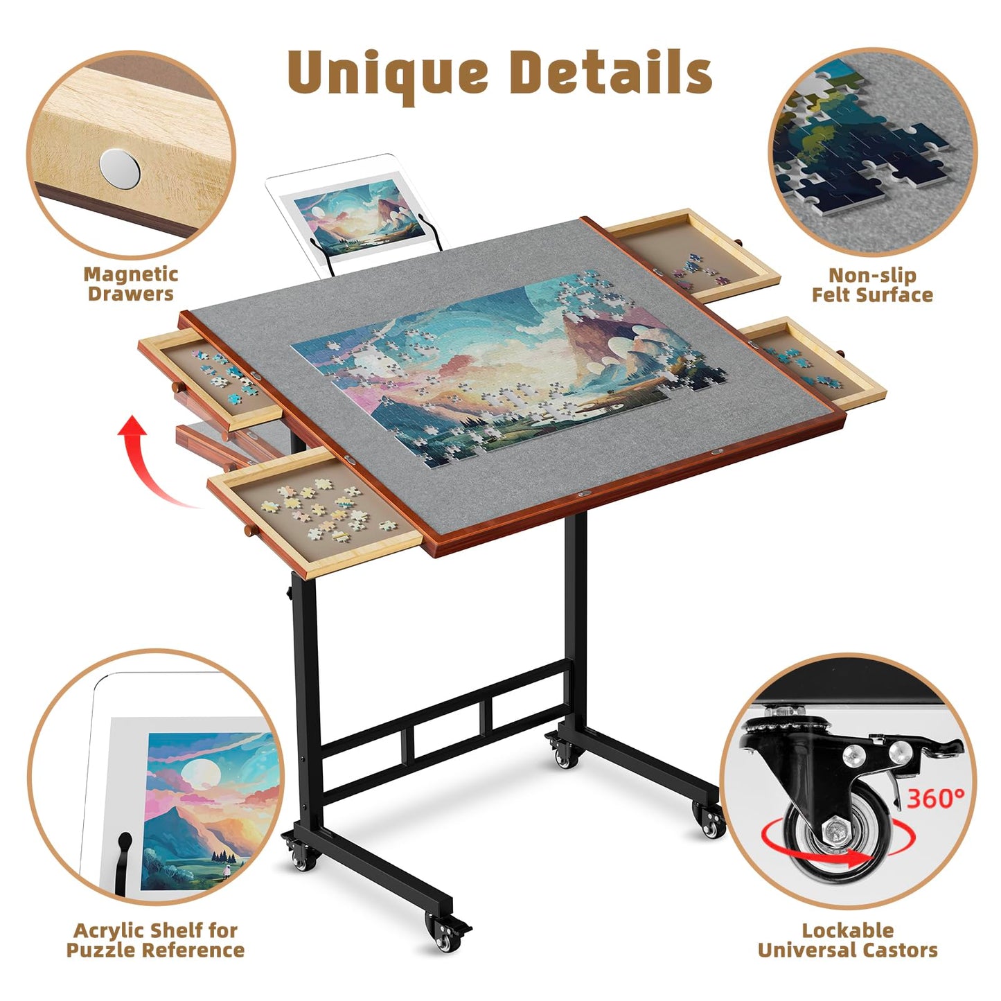 Puzzle Table with Drawers, 1500 Piece Jigsaw Puzzle Board with Wood Cover and Shelf, Tiltable and 14 Level Height Adjustable, Foldable Puzzle Table with Wheels for Adults Puzzle Enthusiasts - WoodArtSupply