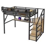 Full Loft Bed with Desk and RGB Light, Metal Loft Bed Frame with Stairs and Bedside Shelf, Heavy-Duty Lofts Beds with Storage Shelves and Wardrobe for Kids Teens, Black Mirightone