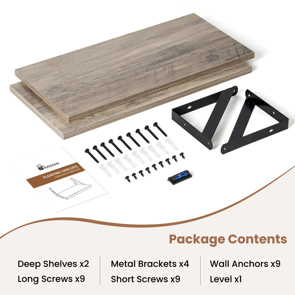 Axeman Floating Shelves for Wall, 16W x 8D Floating Shelves Set of 2, 8 Inch Deep Rustic Grey Wood Wall Mounted Shelves for Farmhouse Bookshelf Living Room Bedroom Axeman