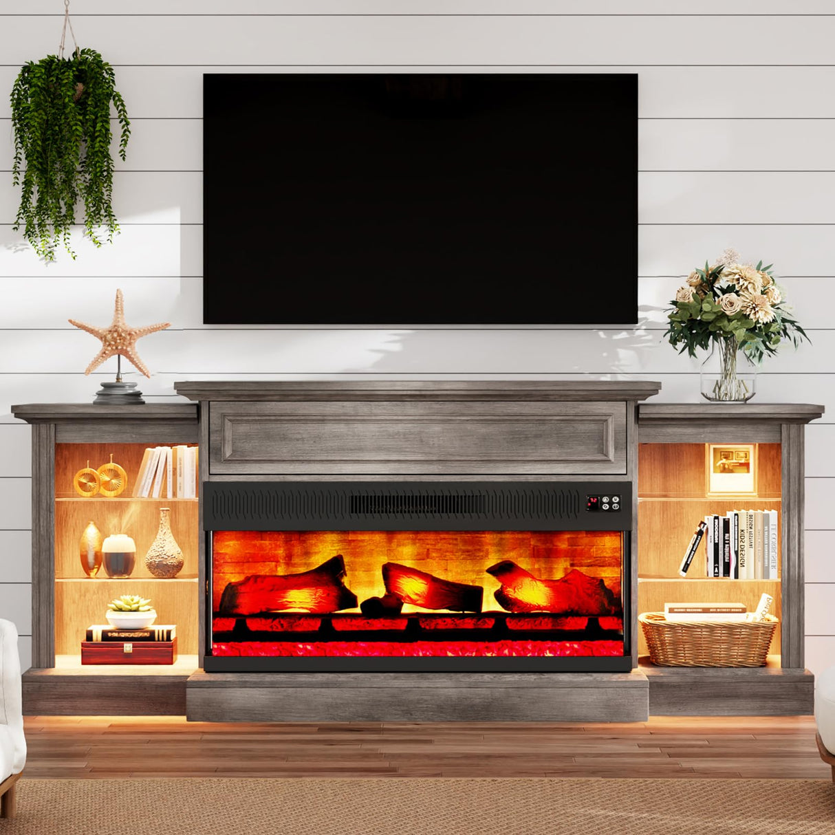 AMERLIFE 70" Electric Fireplace with Mantel, Farmhouse 3-Sided Fireplace TV Stand for TVs up to 75 Inch, Entertainment Center with Adjustable Shelves & LED Light, Rustic Grey AMERLIFE