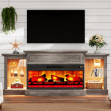 AMERLIFE 70" Electric Fireplace with Mantel, Farmhouse 3-Sided Fireplace TV Stand for TVs up to 75 Inch, Entertainment Center with Adjustable Shelves & LED Light, Rustic Grey AMERLIFE