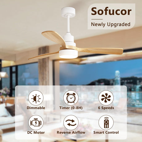 Sofucor 48'' Ceiling Fan with Lights Remote Control 3 Colors Smart Ceiling Fan 6 Speeds Modern Ceiling Fan with Timer Reversible Wood Ceiling Fans for Bedroom Living Room Outdoor Patios Sofucor