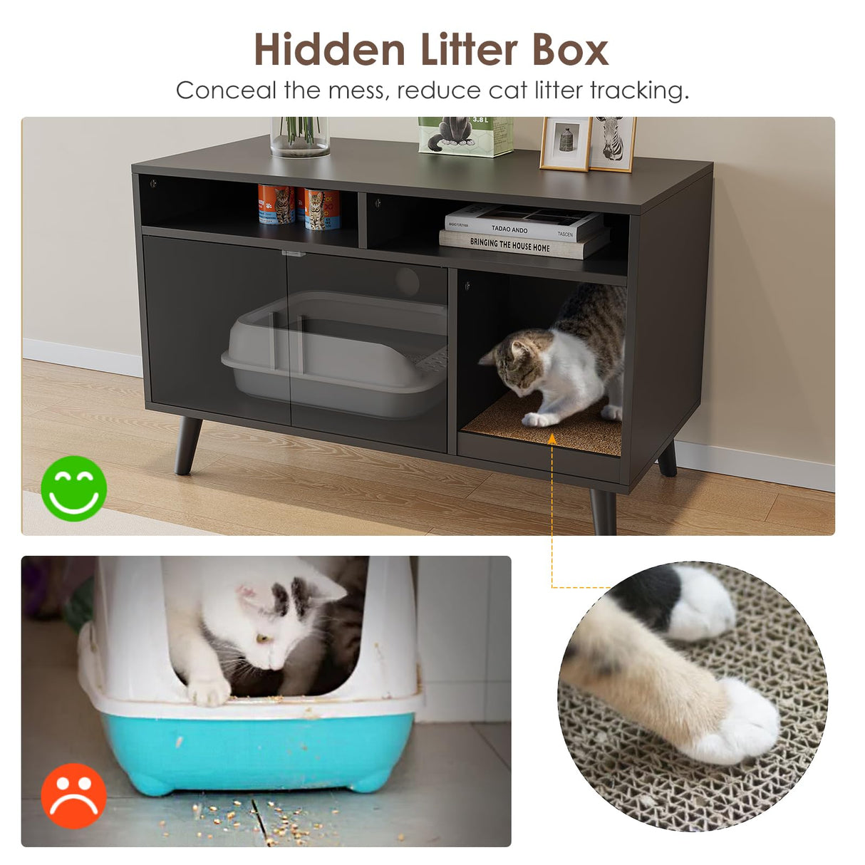 YDTOP Cat Litter Box Enclosure, Hidden Litter Box Furniture with Cat Scratch Pad, Wooden Pet House Side End Table, Storage Cabinet Bench for Living Room, Bedroom, Washroom - Black YDTOP