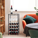 Wine Bottle Holder, Wine Rack Freestanding Floor with Glass Holder Rack, Wood Tabletop & 16 Bottles Holder, Wine Liquor Cabinet Bar for Home Kitchen, Dining Living Room, Gray Oak OYEAL