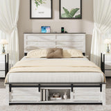 Wooden Full Size Bed Frame with Headboard – Boho White Rustic Farmhouse Storage Platform Bed with Charging Station & Sliding Barn Door Footboard, No Box Spring Needed, Noise-Free, Solid Wood Slats QNICE