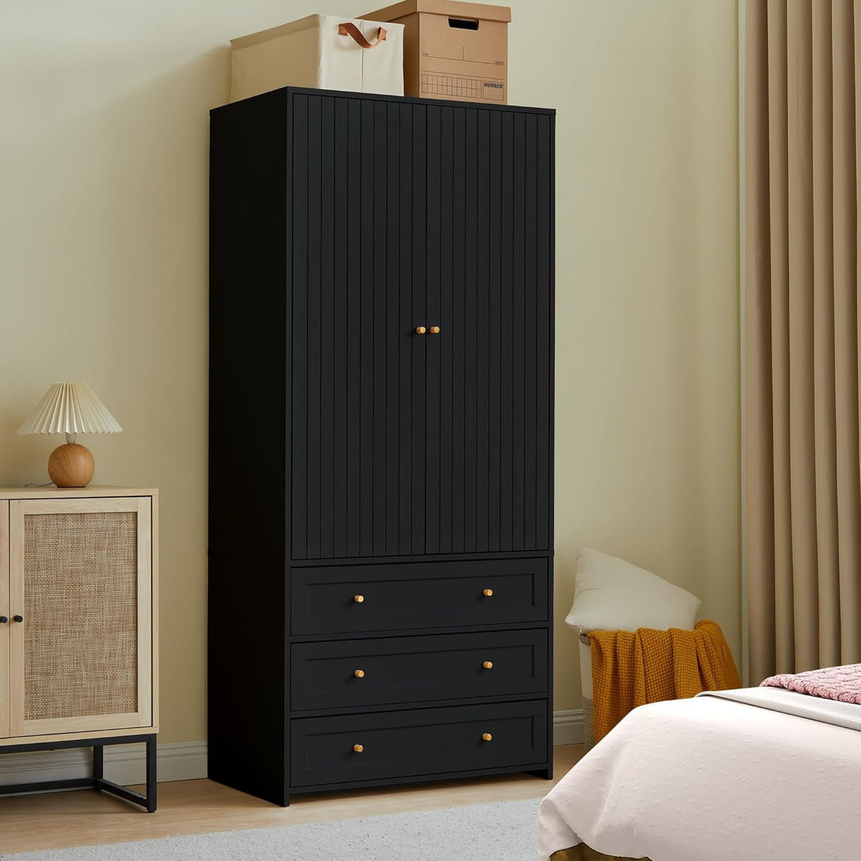 PHOYAL 71" Wardrobe Closet Armoire, Wardrobe Armoire Wooden with 2 Doors, 3 Drawers Household Freestanding Wooden Closet Storage Cabinet for Bedroom (Black) PHOYAL