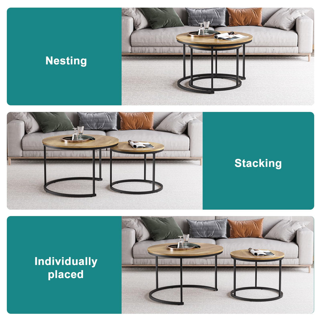 Smuxee Nesting Coffee Table Set of 2, 27.6" Round Coffee Table Wood Grain Top with Adjustable Non-Slip Feet, Industrial End Table Side Tables for Living Room Bedroom Balcony Yard Smuxee