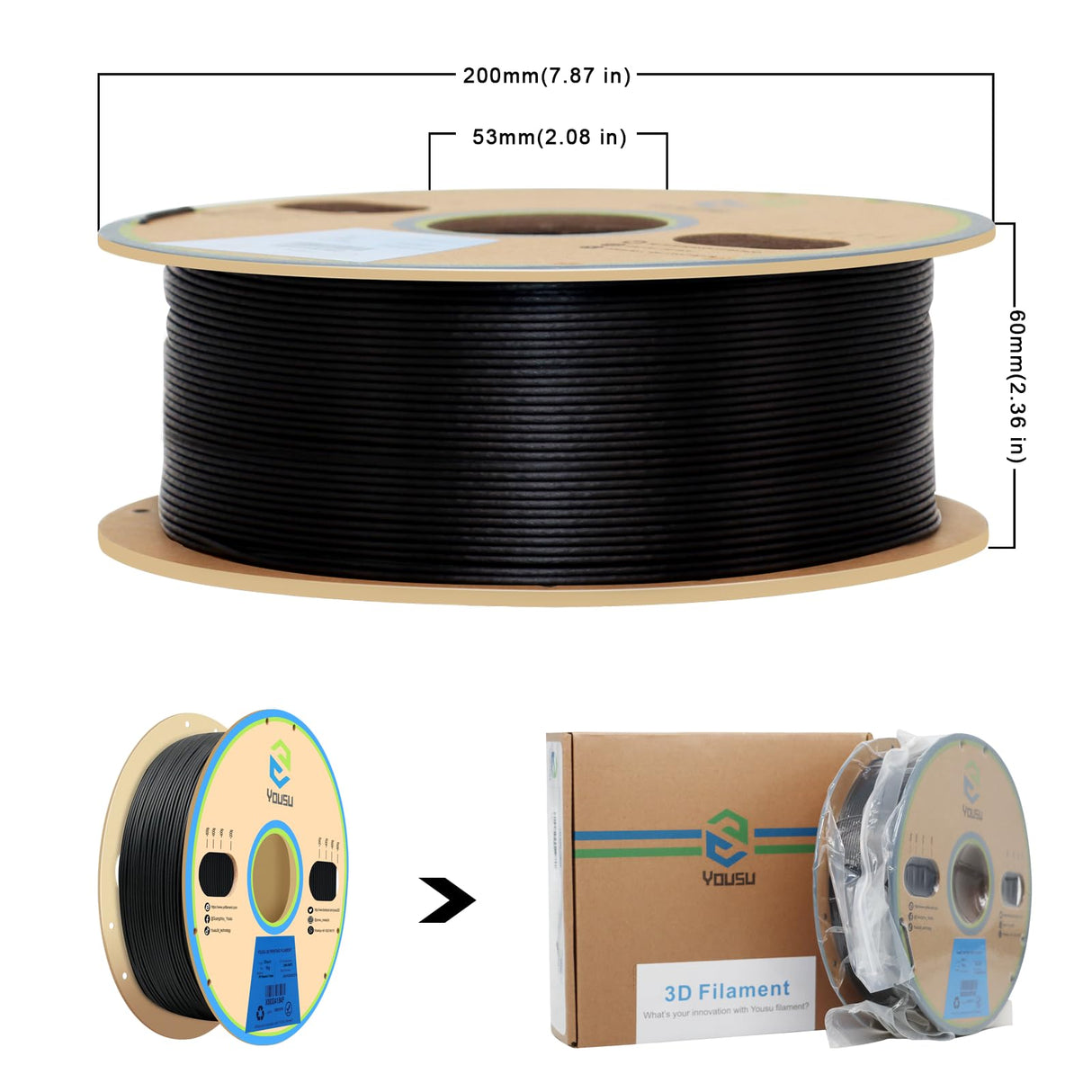 YOUSU Polypropylene PP Filament, 1.75mm 3D Printer Filament for 3D Printing, 1kg(2.2lbs) 5pcs Build Sheet Included, Semi-Flexible Ultra Tough Filament, Black Yousu