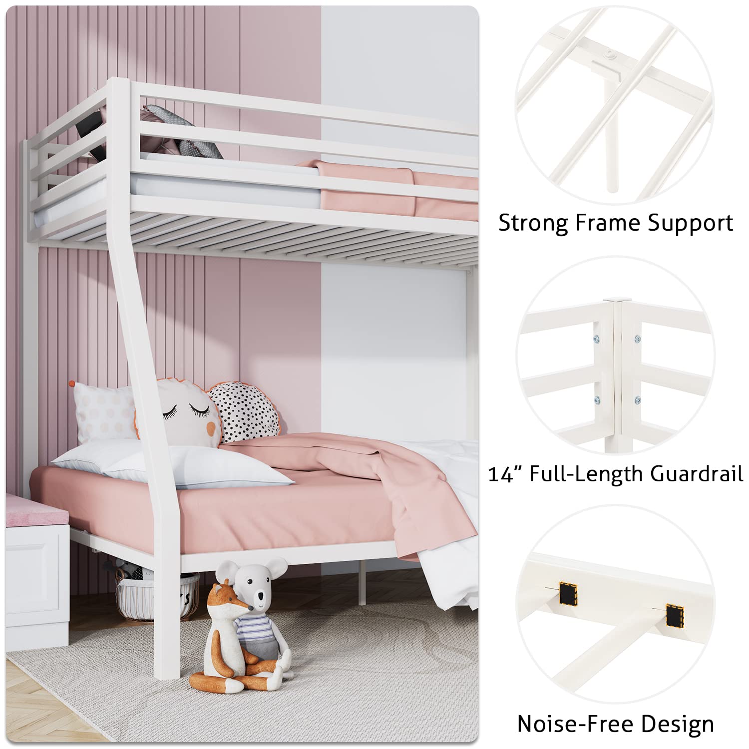 SHA CERLIN Twin Over Full Metal Bunk Bed with Removable Stairs and Under-Bed Storage in Matte White - WoodArtSupply