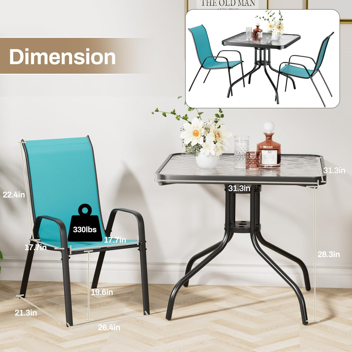 TLSUNNY Patio Dining Set 5 Pieces, All Weather Outdoor Furniture W/30"X 30" Table and 4 Stackable Textilene Chairs, Metal Table and Chairs for Lawn, Garden, Poolside, Backyard (Umbrella not Included) TLSUNNY