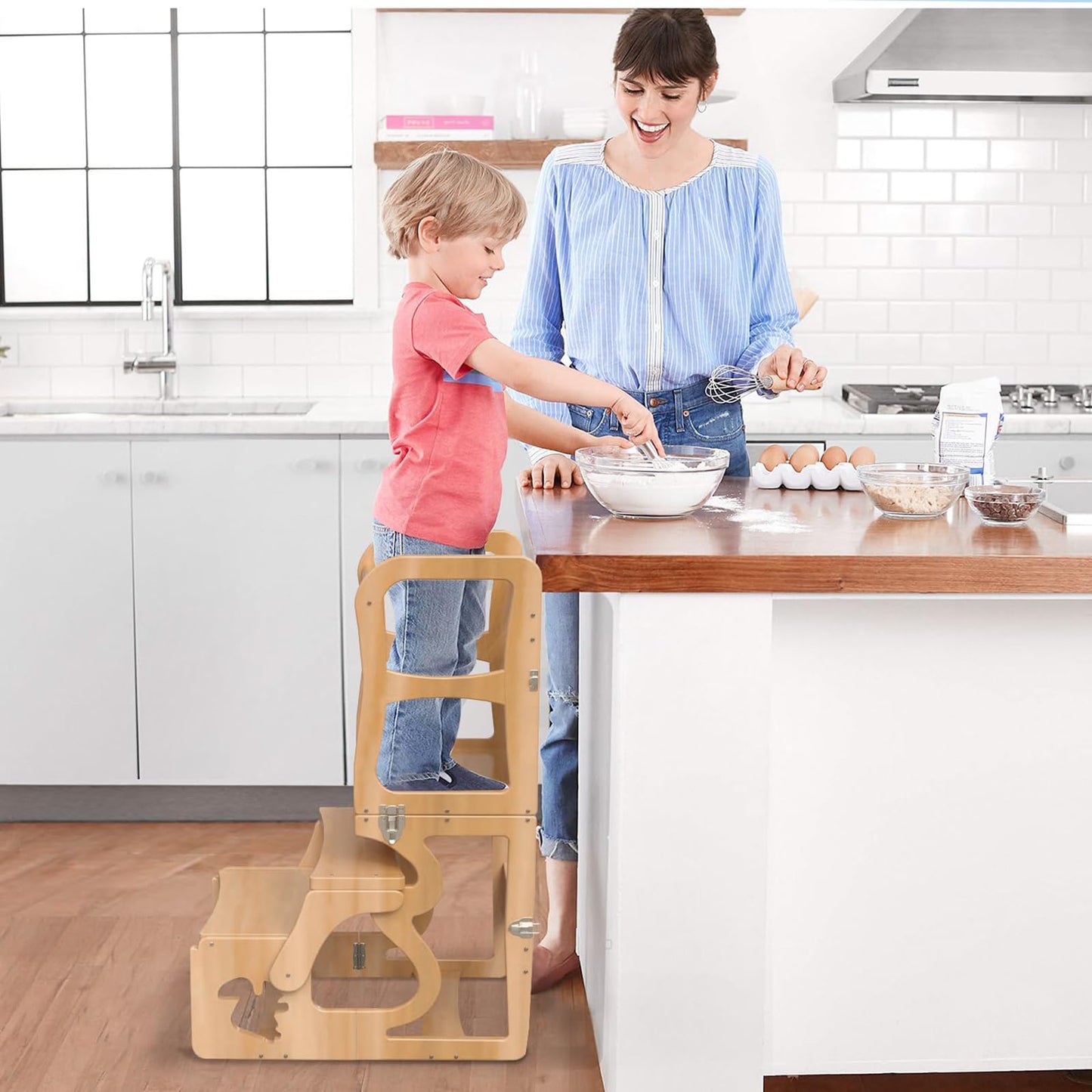 Toddler Standing Tower, Kid Step Stool Kitchen Stool Helper-Montessori with Chalkboard,3 in1 Folding Kitchen Tower Stool with Back, Learning Wooden Tower for Kitchen, Free Hands, Easy Assembly