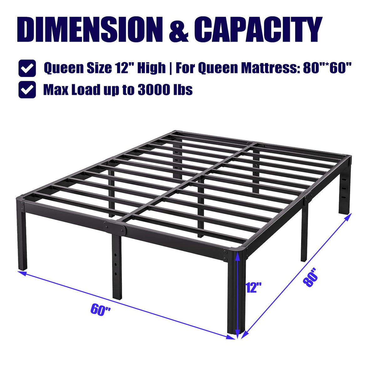 Hunlostten 12" High Queen Bed Frame No Box Spring Needed, Heavy Duty Metal Platform Bed Frame Queen Size with Round Corners, Easy Assembly, Noise Free, Black Hunlostten